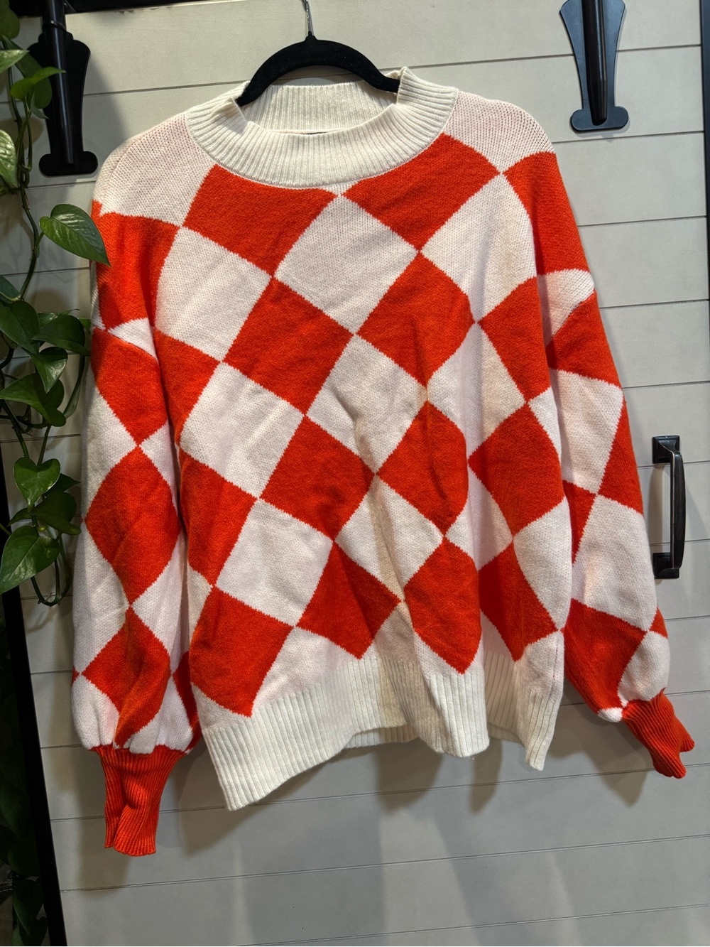 Women's Diamond-Check Crewneck Sweater - White & Orange